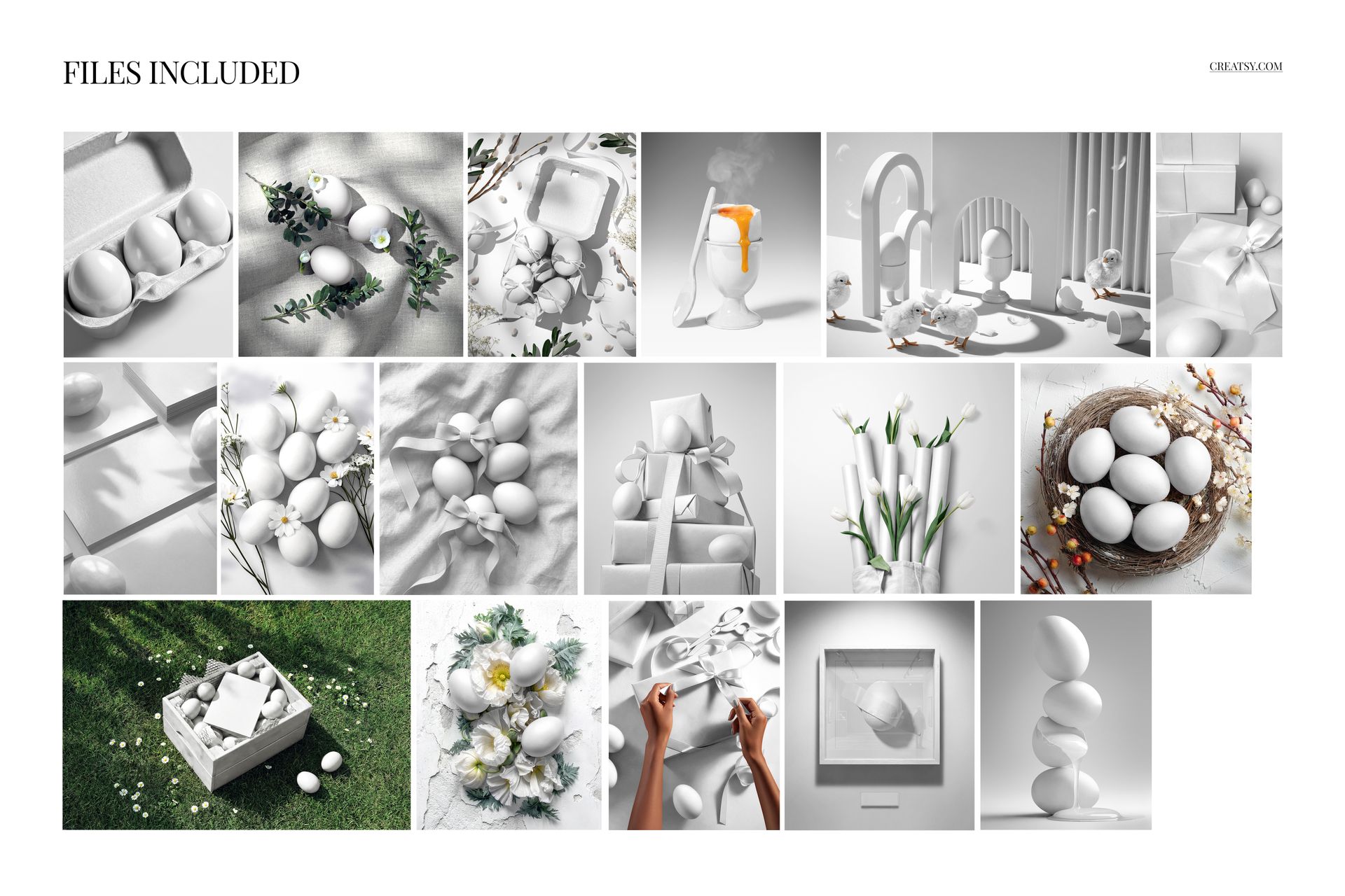 Collection of Easter-themed mockups showing white eggs in baskets, boxes, and decorative arrangements, front view.