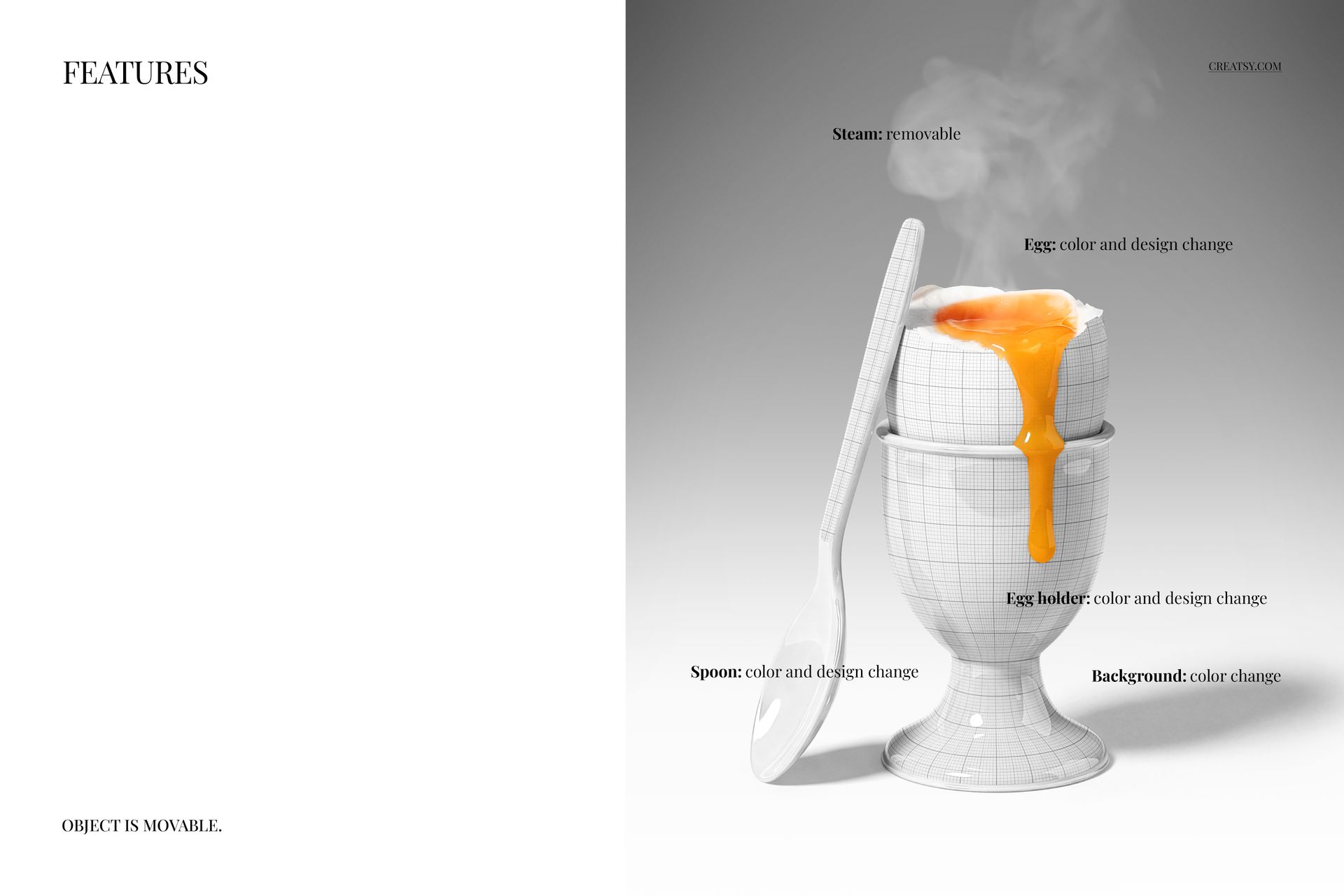 PSD mockup of an opened Easter egg showing orange filling, steam effect, white holder, and spoon, on a plain background.