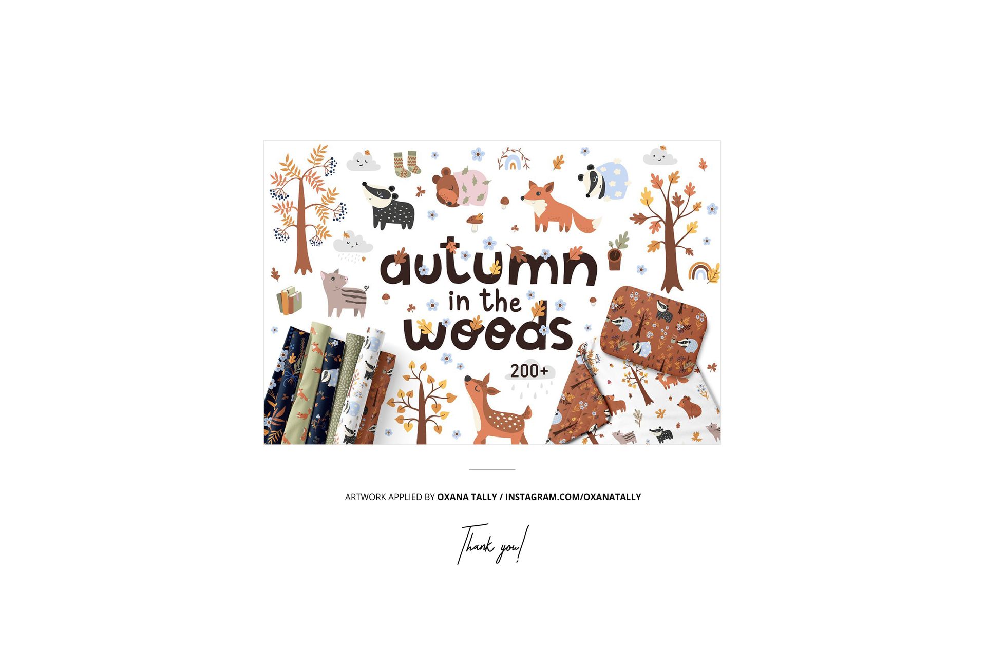 Toddler room bedding mockup featuring duvet cover, pillowcase, and curtains with woodland animal patterns in autumn colors.