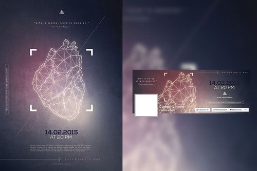 Polygon heart design displayed on a party poster mockup and Facebook timeline cover, both with customizable text fields.