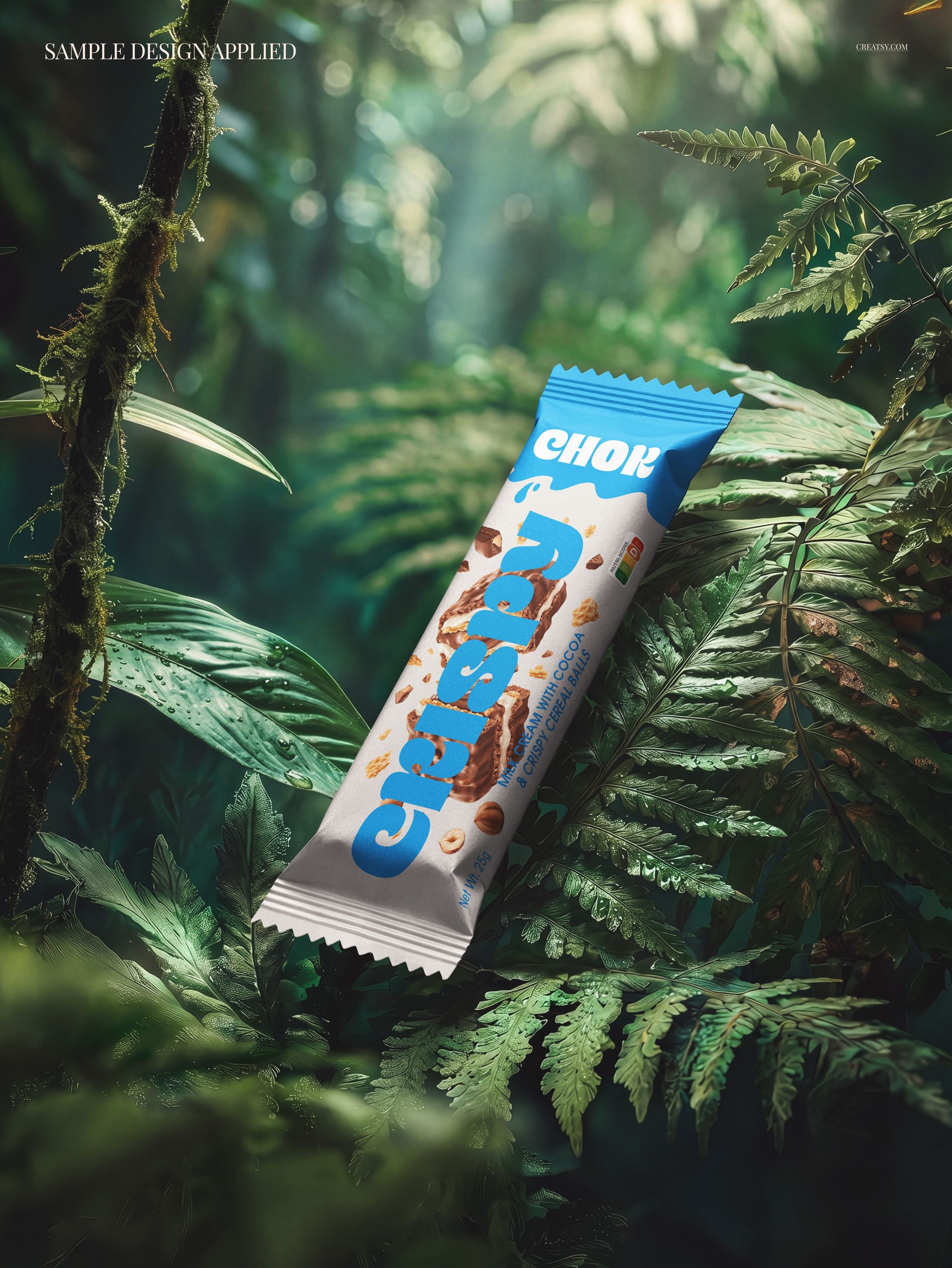 Candy bar packaging mockup with blue and white wrapper resting on lush green tropical jungle foliage, front view.