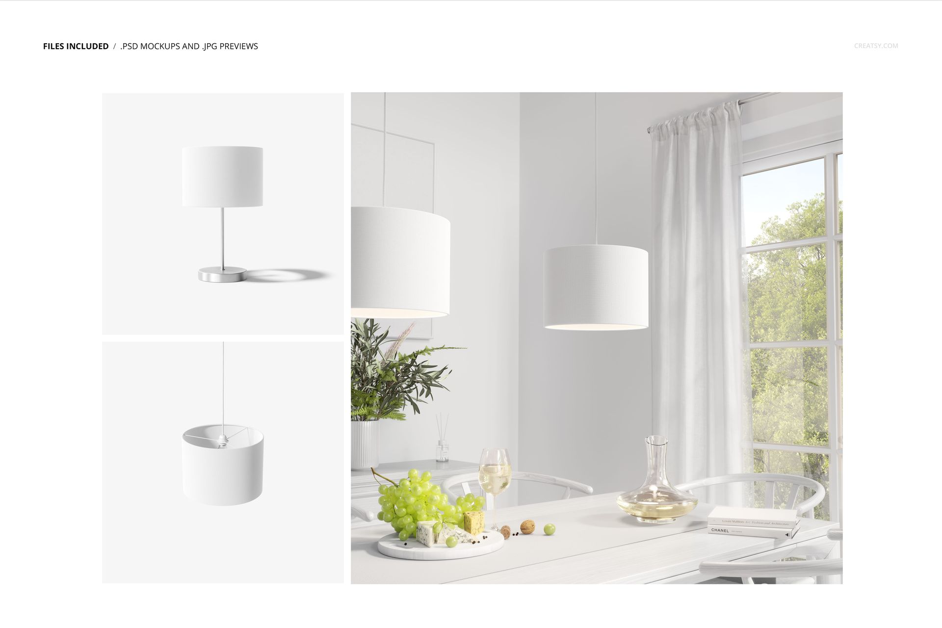 Lamp shade mockup with cylindrical white shade shown in close-up and hanging above a dining table in a bright room.