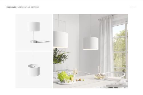 Lamp shade mockup with cylindrical white shade shown in close-up and hanging above a dining table in a bright room.