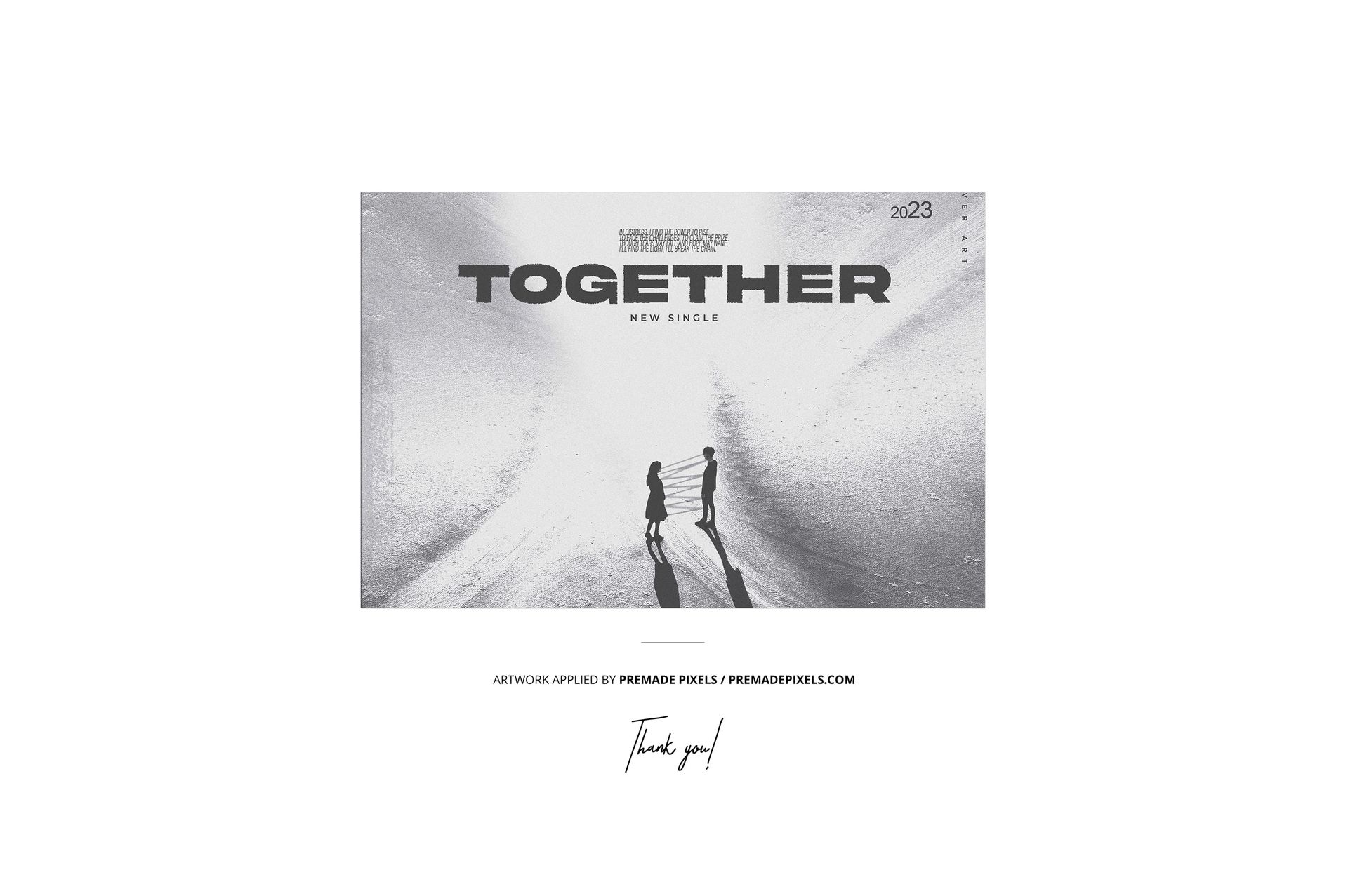 Mockup of a clear vinyl record cover featuring two people walking on a sandy outdoor landscape, viewed from above.