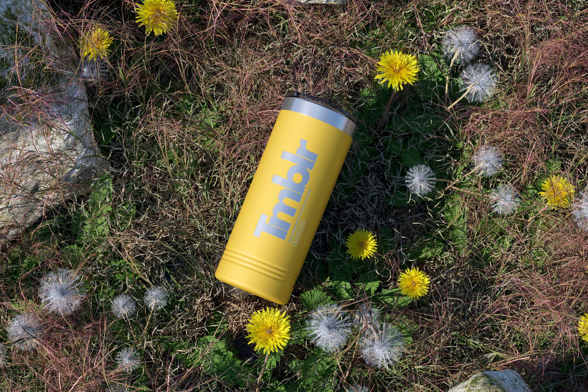 22oz skinny tumbler mockup in yellow finish displayed outdoors on grass with dandelions and scattered rocks.