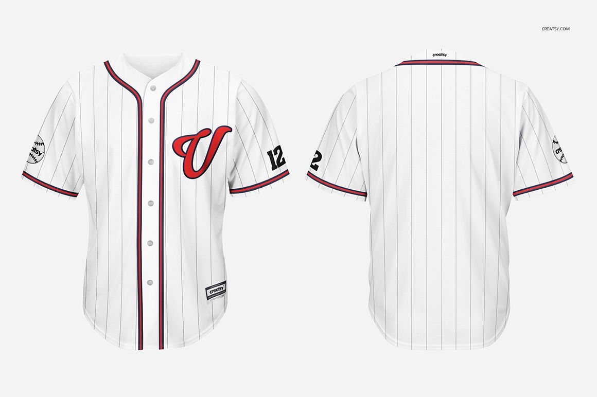 White baseball jersey mockup featuring vertical pinstripes, red piping, and black number detail on the left sleeve.