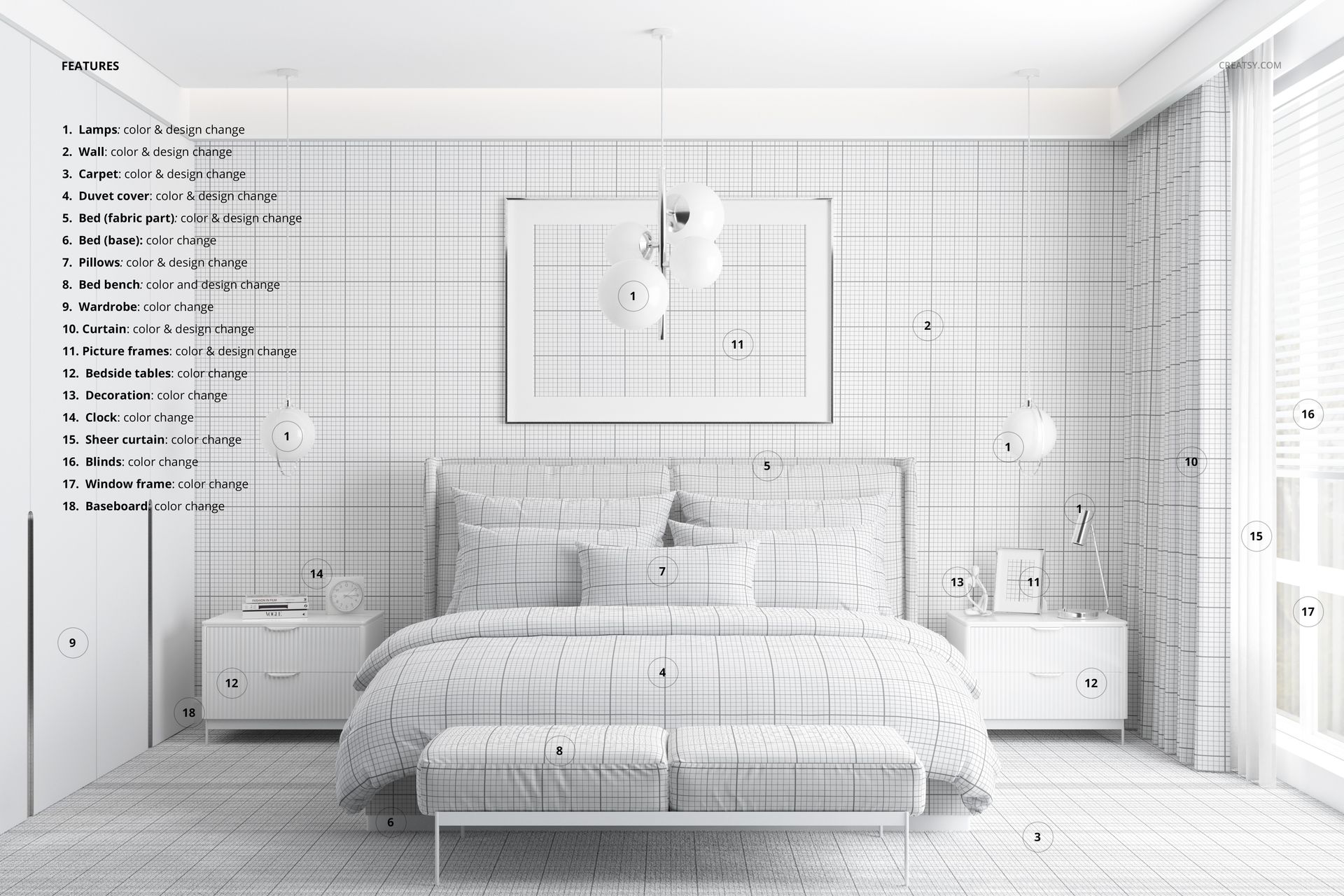 Front view of a modern bedroom with a bed, layered pillows, upholstered bench, and grid-patterned bedding mockup.