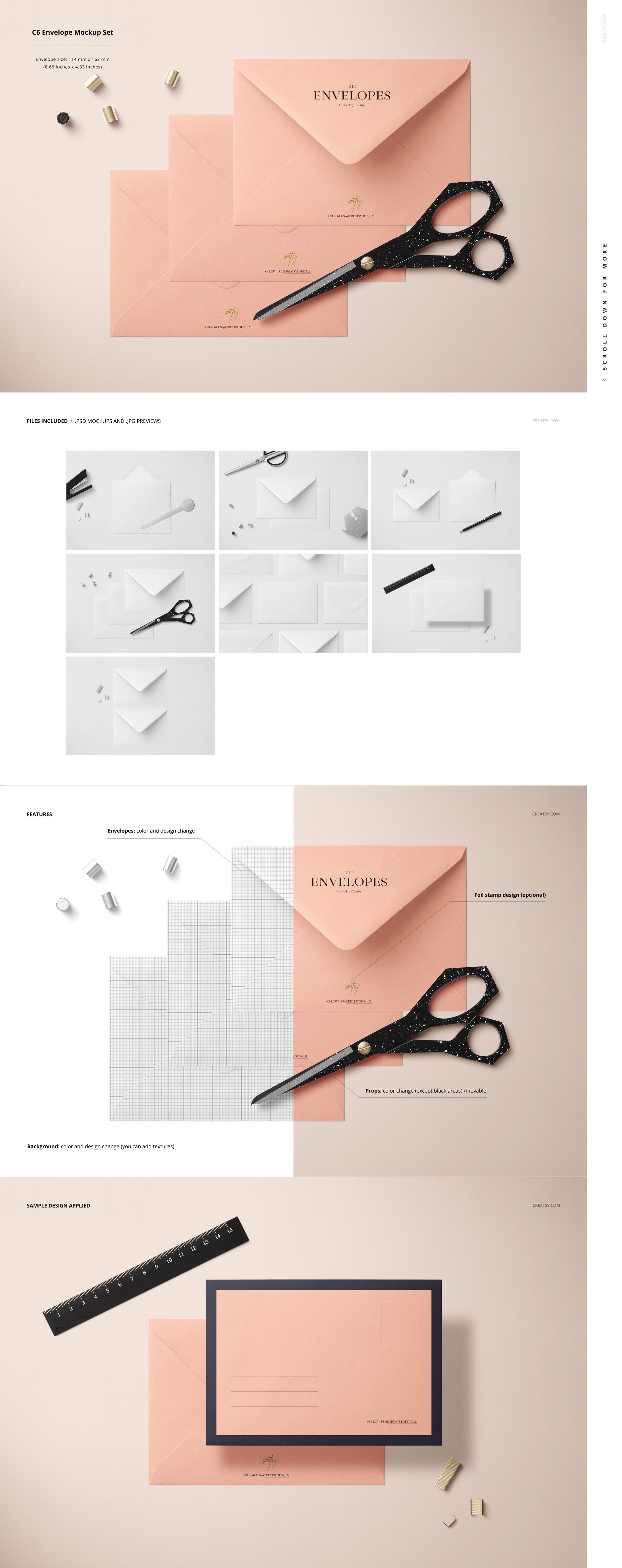 Stationery mockup featuring pink envelopes and cards arranged with scissors, paper clips, and a pencil on a light surface.