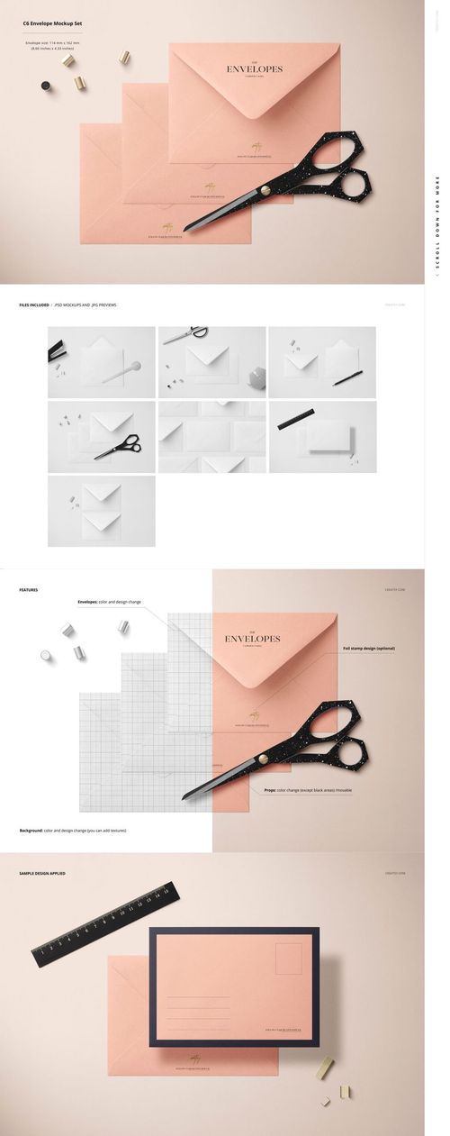 Stationery mockup featuring pink envelopes and cards arranged with scissors, paper clips, and a pencil on a light surface.