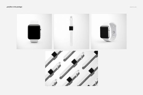 Apple Watch Band PSD mockup set with close-up and flat lay views, showing minimalist white and gray bands in a grid pattern.