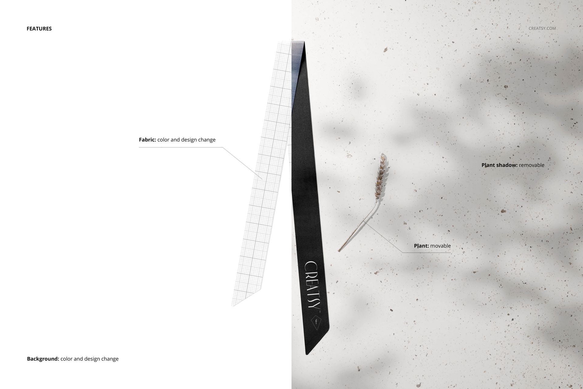 Silk twilly fabric mockup displayed on a light surface, featuring a long, narrow textile with grid and solid black sections.