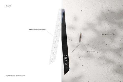 Silk twilly fabric mockup displayed on a light surface, featuring a long, narrow textile with grid and solid black sections.