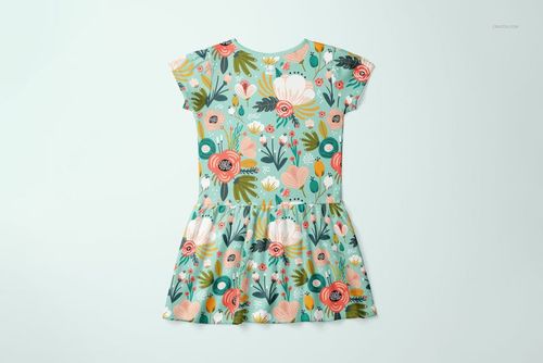 Toddler rib dress mockup displayed from the back, featuring a colorful floral pattern on a light background.
