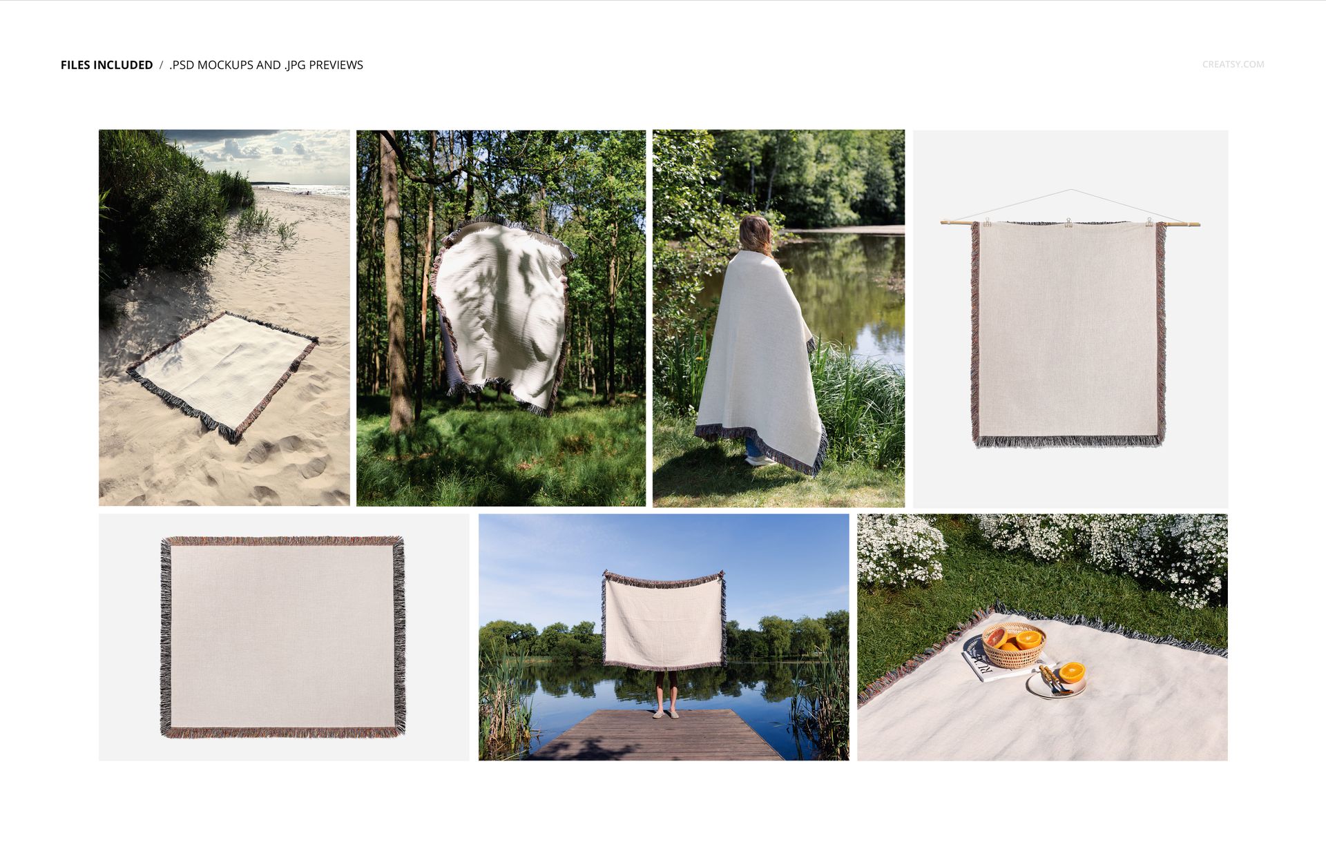 Neutral-colored woven throw blanket with fringe, shown in PSD mockup scenes like wall hanging and picnic setup.