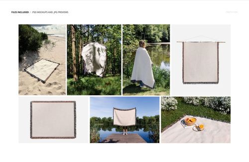Neutral-colored woven throw blanket with fringe, shown in PSD mockup scenes like wall hanging and picnic setup.