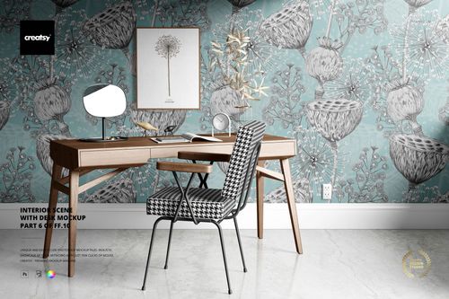 Interior scene mockup featuring a workspace with patterned wallpaper, minimalist desk, geometric chair, and decor.