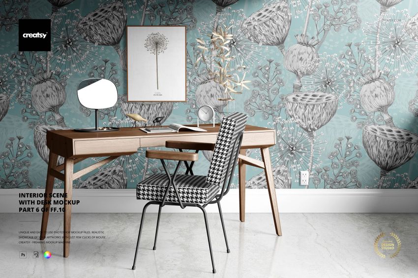 Interior scene mockup featuring a workspace with patterned wallpaper, minimalist desk, geometric chair, and decor.