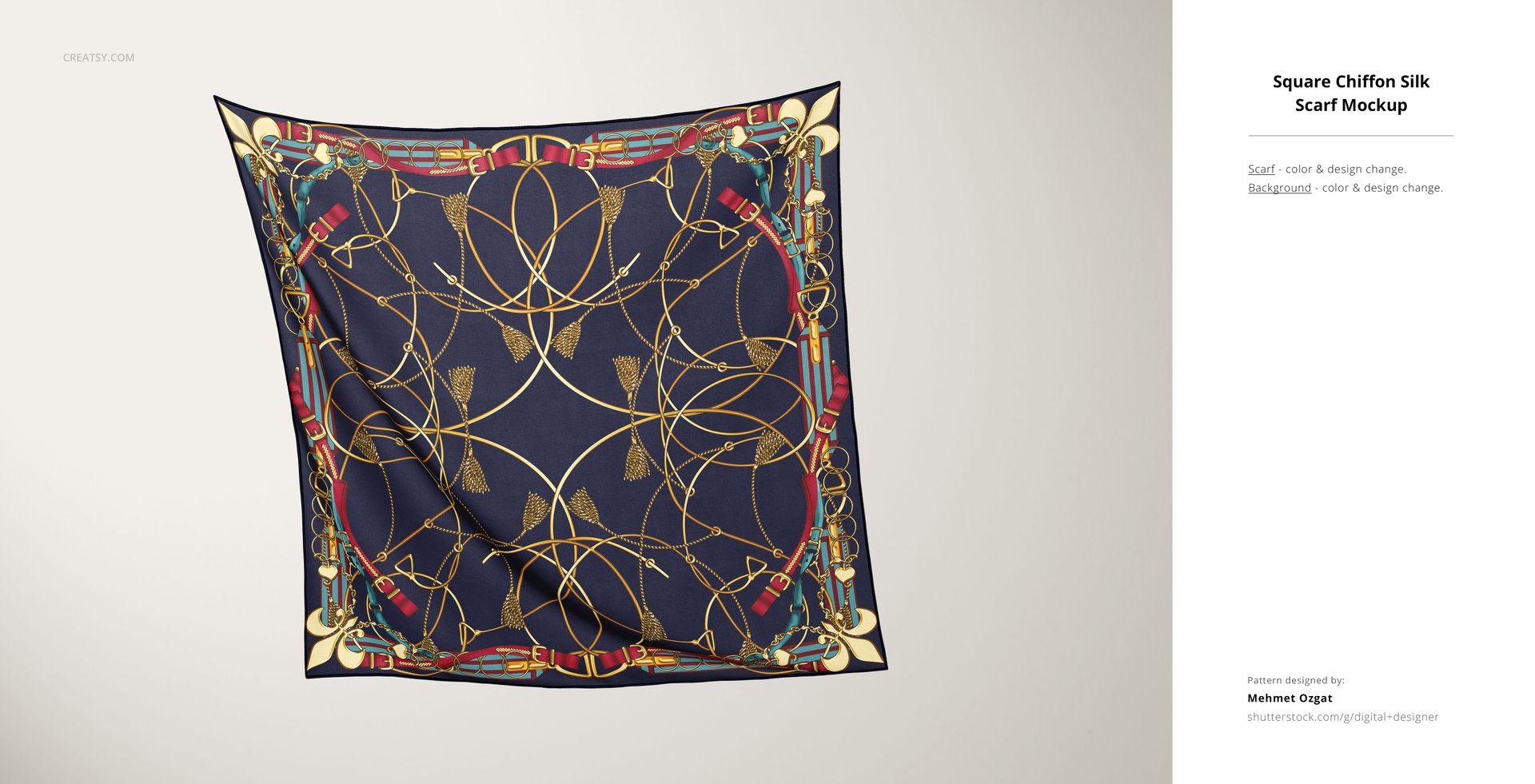 PSD mockup of a square silk scarf with decorative geometric lines and gold motifs, presented with a soft shadow effect.