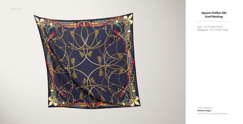 PSD mockup of a square silk scarf with decorative geometric lines and gold motifs, presented with a soft shadow effect.