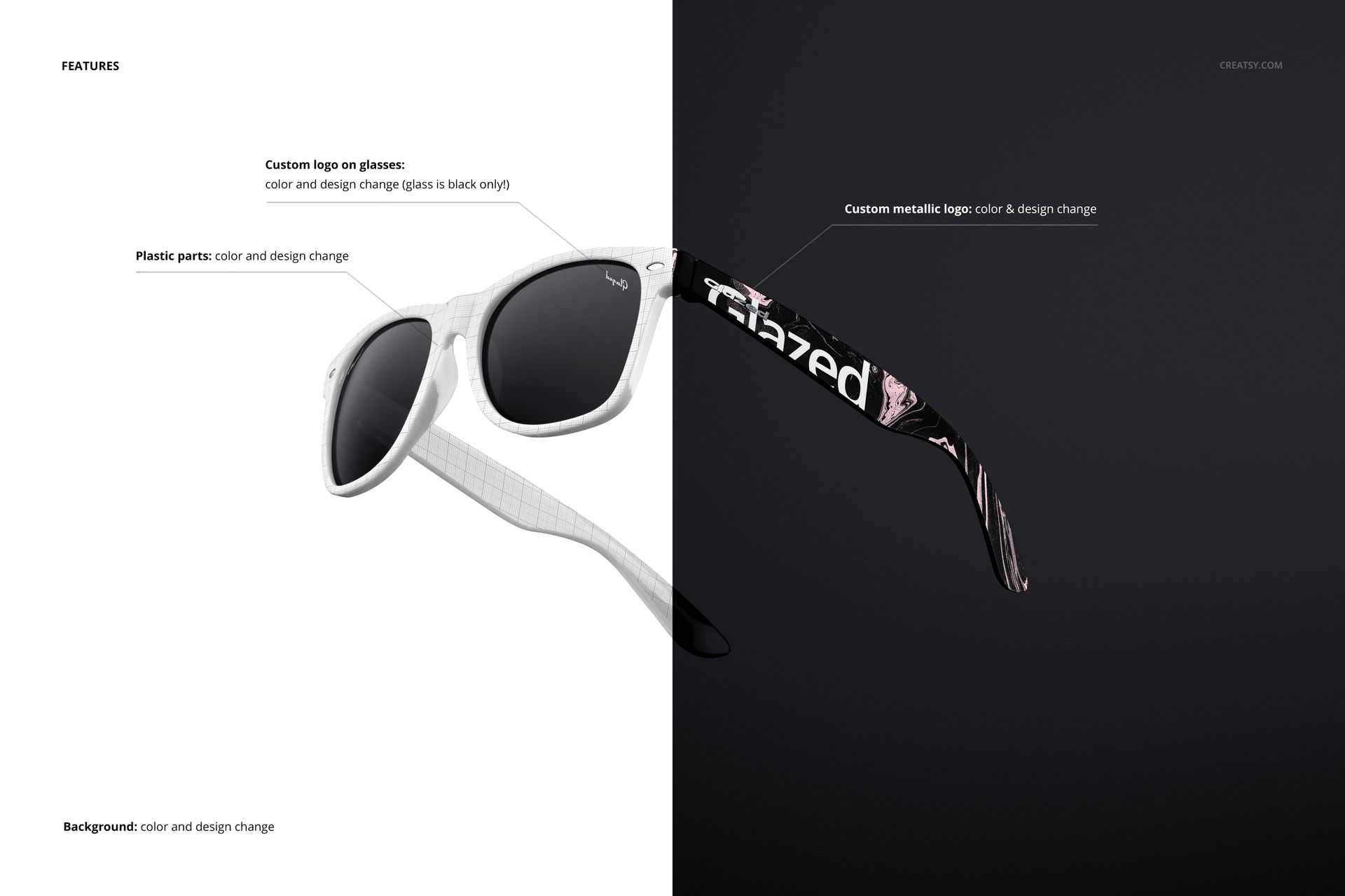 Front and side view of custom printed sunglasses mockup with white frames and patterned black arms on split background.