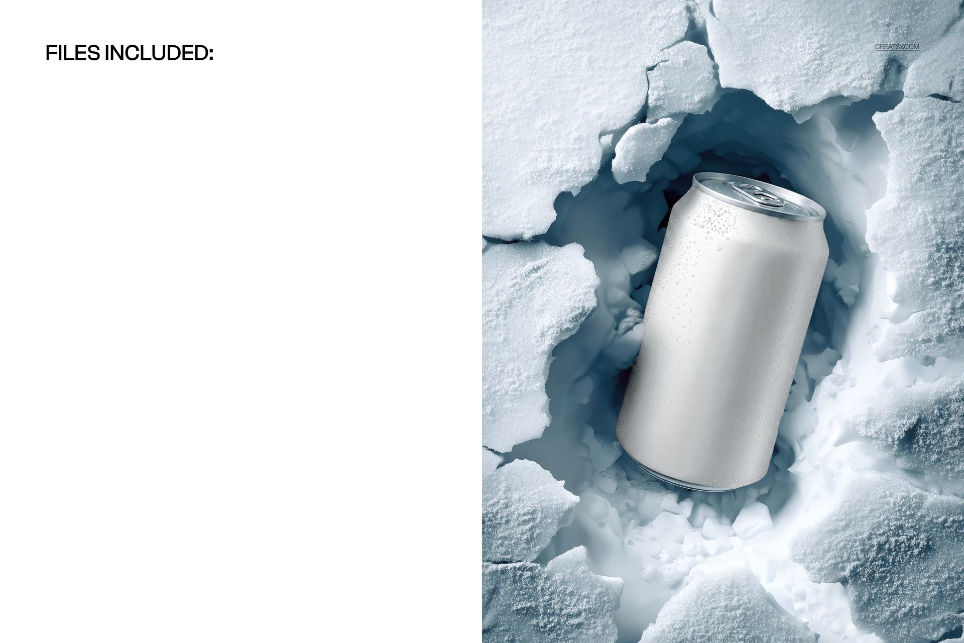 Soda can mockup featuring a silver can embedded in cracked snow, shown from a front angle with icy textures.