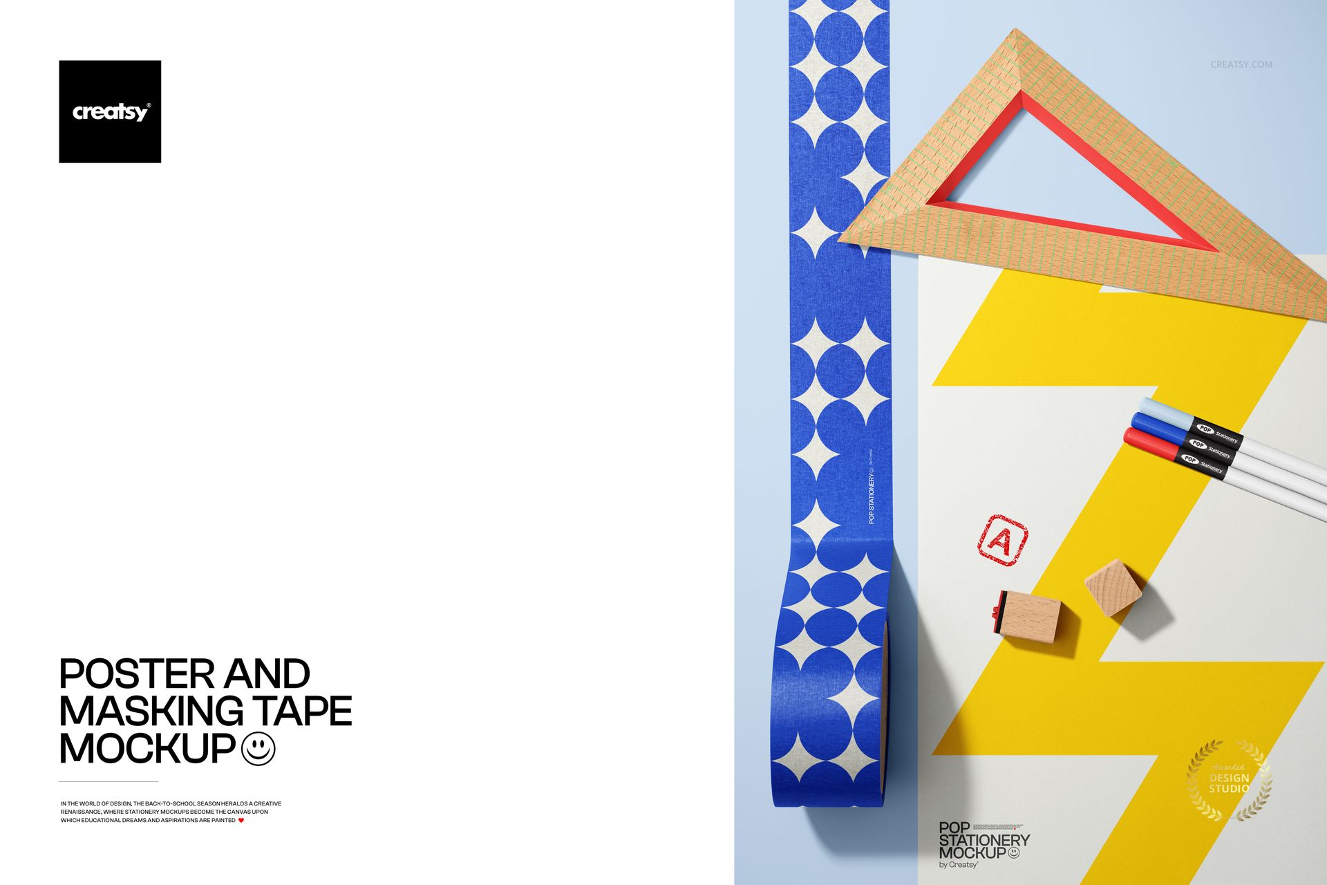 Stationery mockup featuring a poster with geometric design, blue masking tape, pencils, and wooden blocks on a white surface.