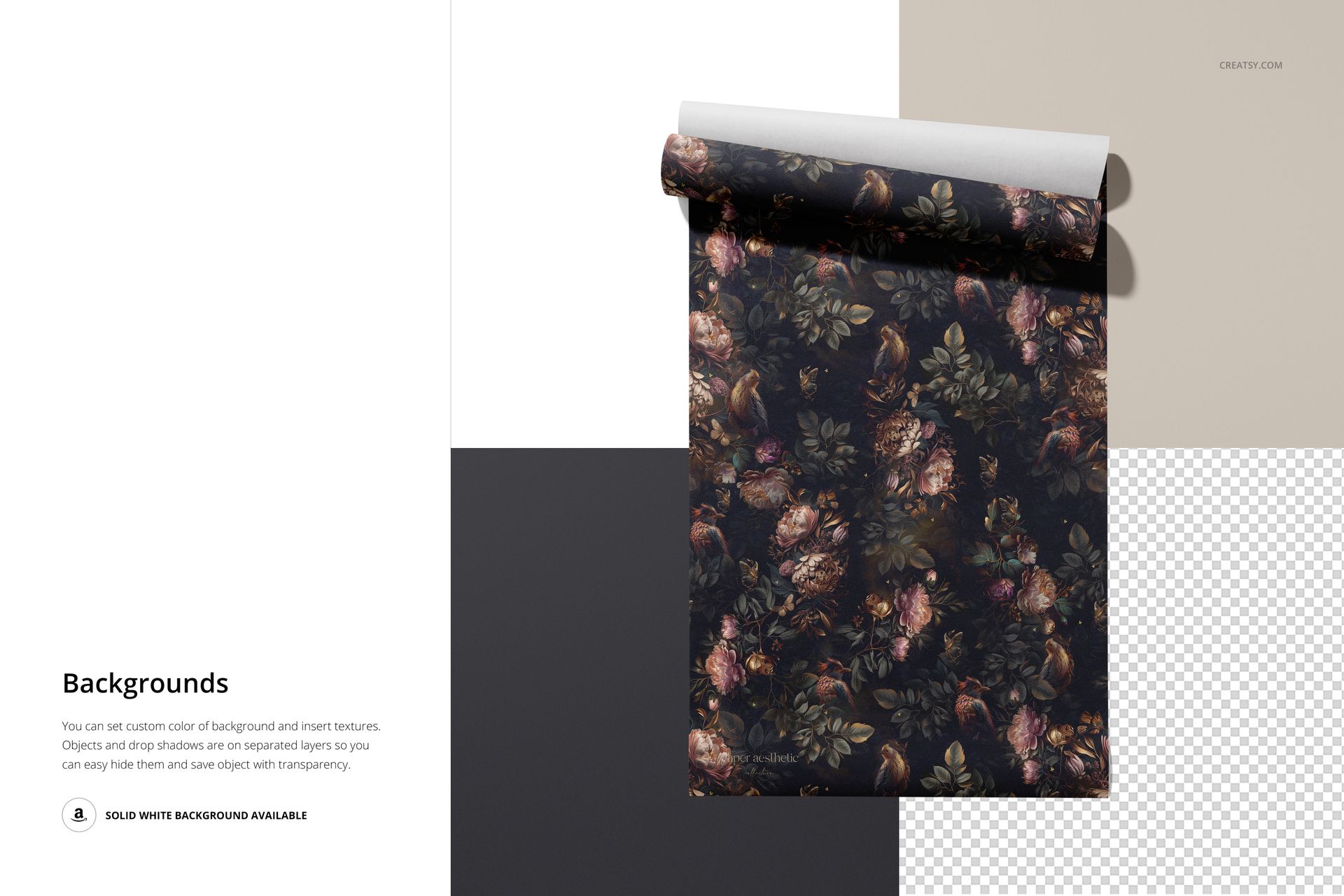 Rolled non-woven vinyl wallpaper mockup with dark floral pattern displayed on a multi-color background, top view.