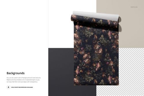 Rolled non-woven vinyl wallpaper mockup with dark floral pattern displayed on a multi-color background, top view.