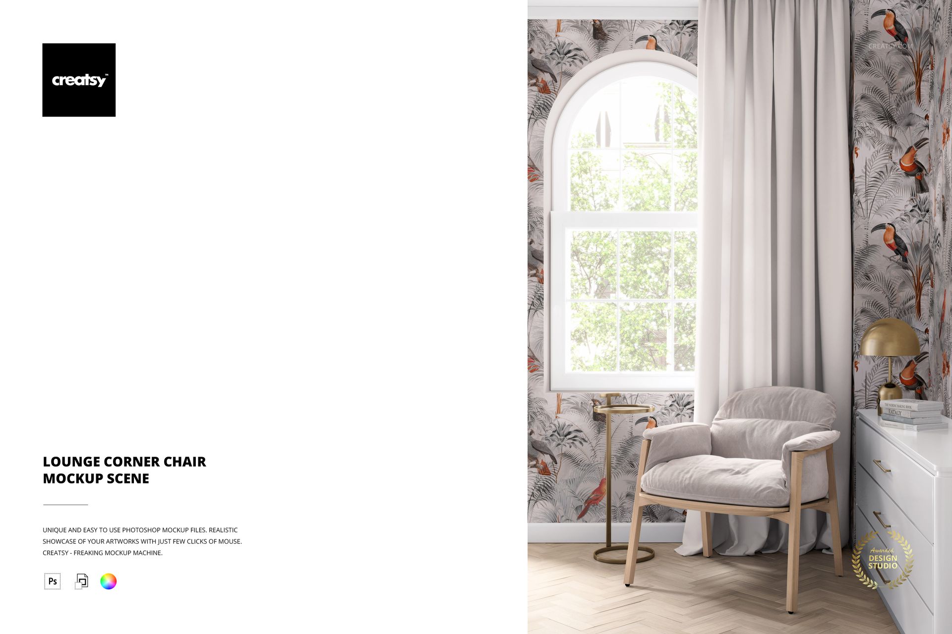 Lounge chair mockup scene featuring soft upholstery, brass side table, and natural light from an arched window.