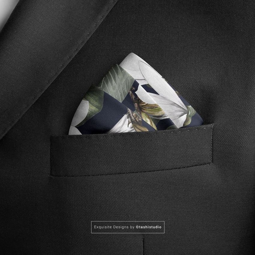Pocket square mockup showing a floral-patterned handkerchief neatly placed in the chest pocket of a dark suit jacket.