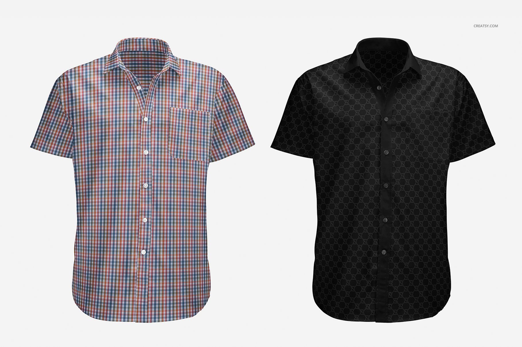 Short sleeve dress shirt PSD mockup showing a plaid shirt and a black shirt side by side against a plain white backdrop.