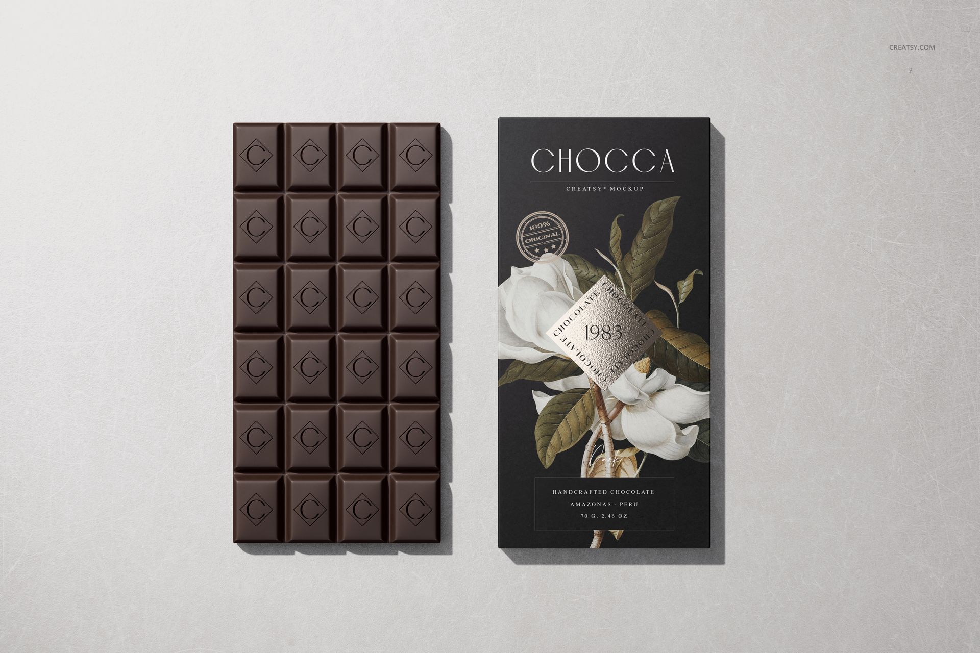 Chocolate bar and packaging mockup displayed side by side on a light surface, front view perspective.