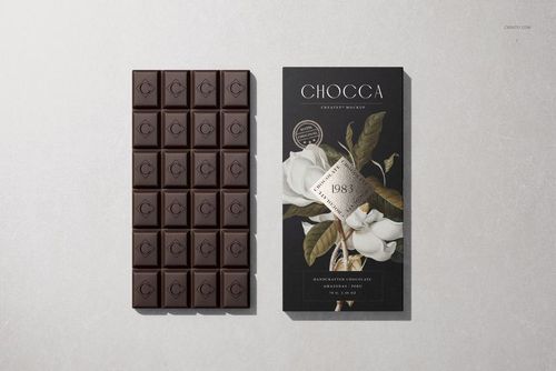 Chocolate bar and packaging mockup displayed side by side on a light surface, front view perspective.