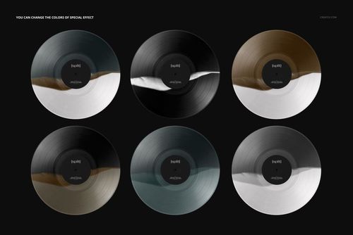 Front view of six vinyl records with split color effects, displayed on a dark background in a PSD mockup layout.