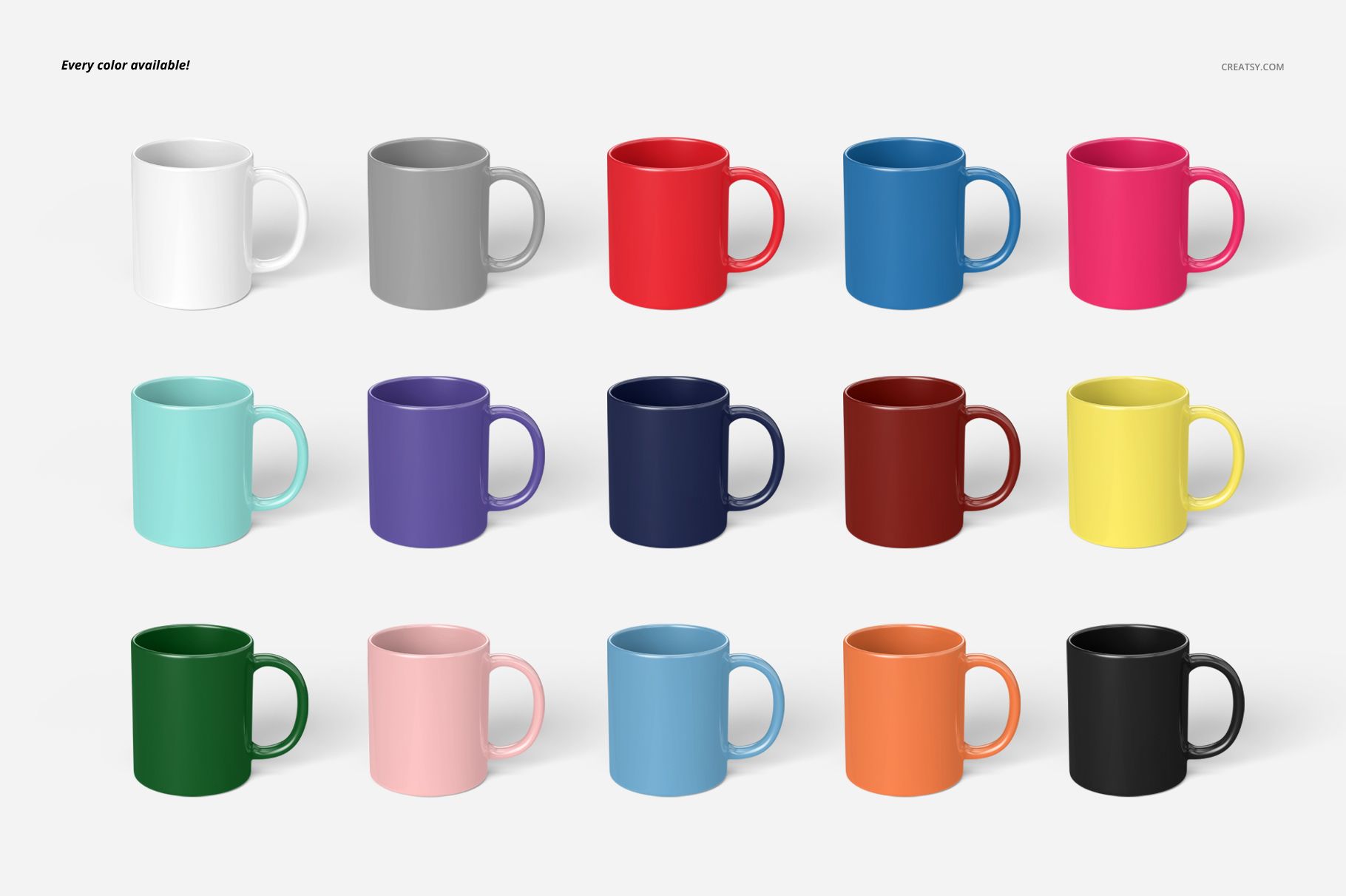 Front view of fifteen 11oz mugs in various solid colors arranged in three rows on a white background.