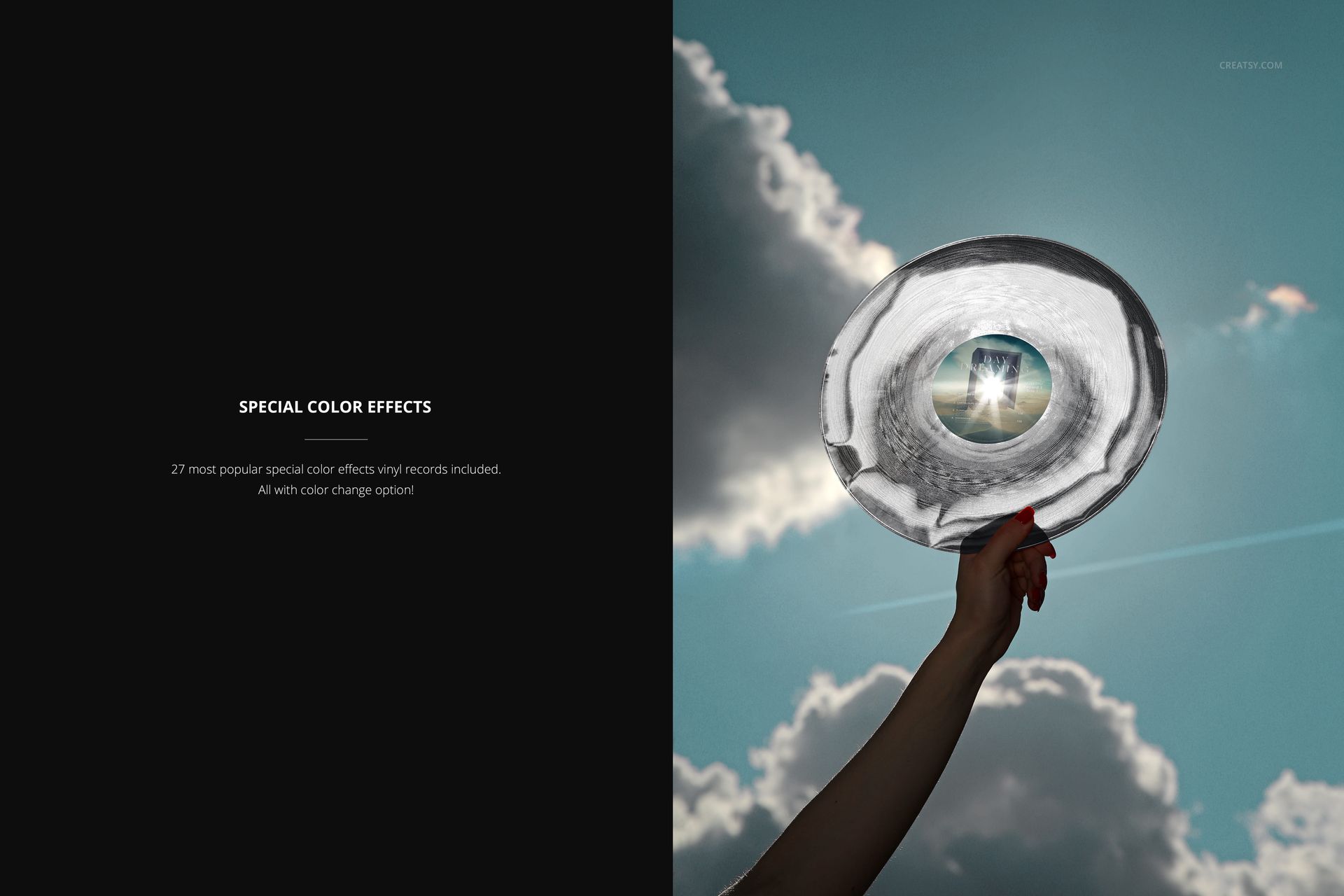 PSD mockup of a vinyl record in hand, displayed outdoors with clouds and sunlight visible in the background.