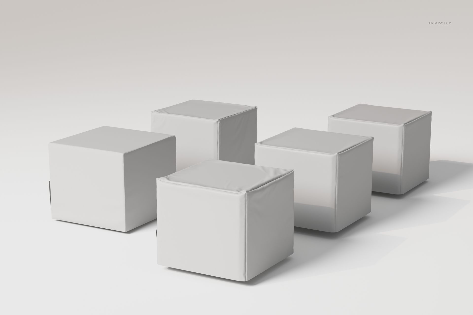 Five white fabric-covered cube-shaped tent houses arranged in a staggered formation on a plain light background.