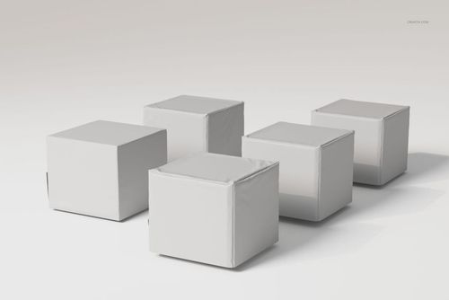 Five white fabric-covered cube-shaped tent houses arranged in a staggered formation on a plain light background.