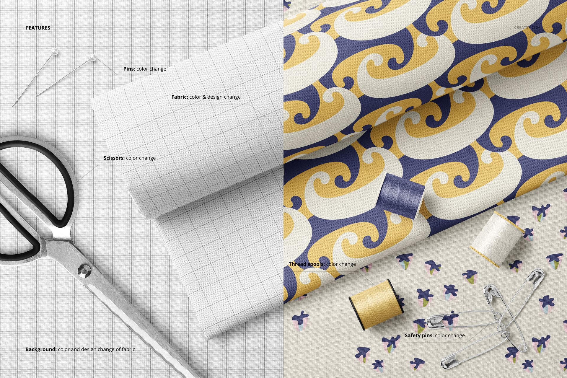 Top view of cotton fabric mockup with grid and wave patterns, surrounded by sewing tools like scissors and thread spools.