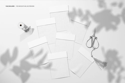 Fabric swatches mockup displayed flat with white headers, scissors, and paper roll, casting soft shadows.