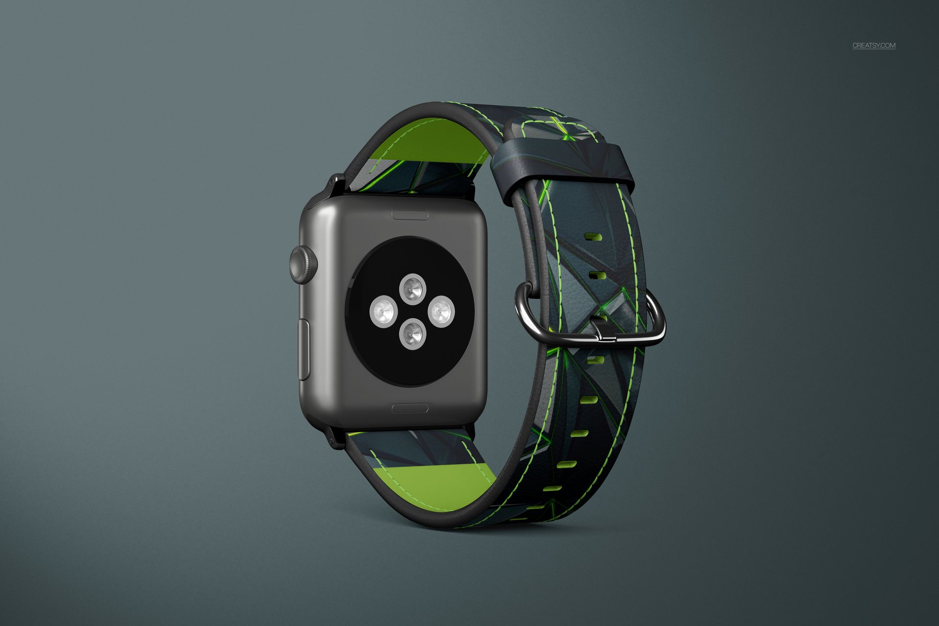 Apple Watch with a leather band featuring green stitching and abstract pattern, shown in a realistic mockup.