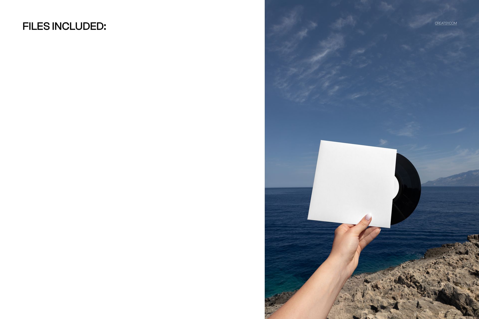 Black vinyl record mockup held by a hand against a scenic backdrop of ocean and sky, rocky shore visible.