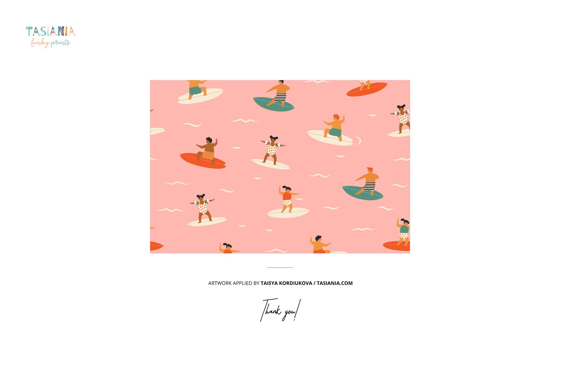 Seamless pattern featuring children surfing on colorful boards against a pink background with white wave accents.