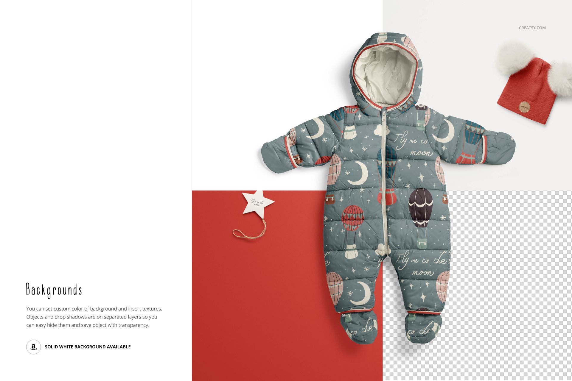 Front view of a baby snowsuit mockup with a whimsical pattern in muted colors, displayed on a split background.