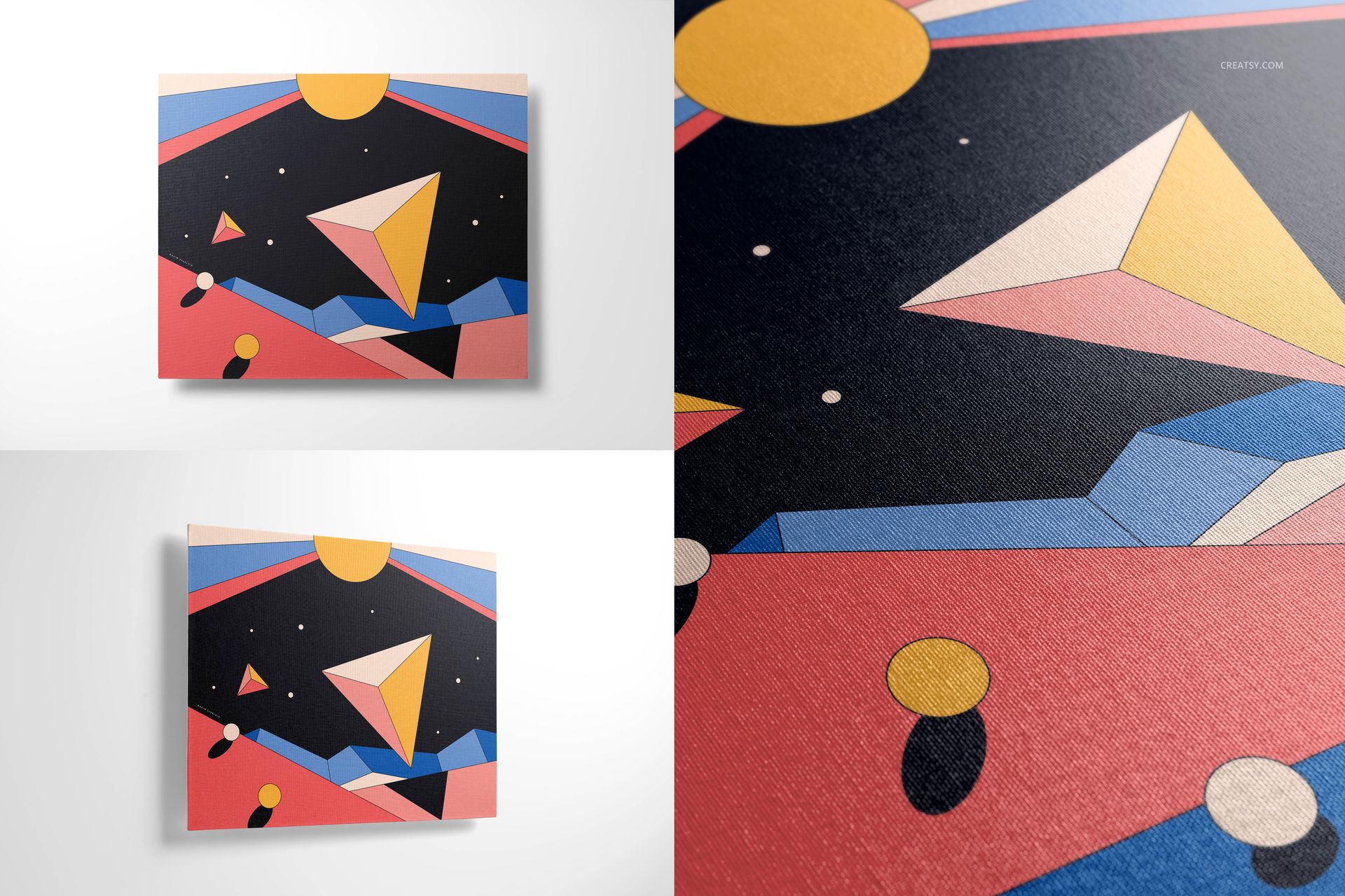 Rectangular canvas wall art mockup featuring geometric shapes in red, yellow, blue, and black, shown from multiple angles.