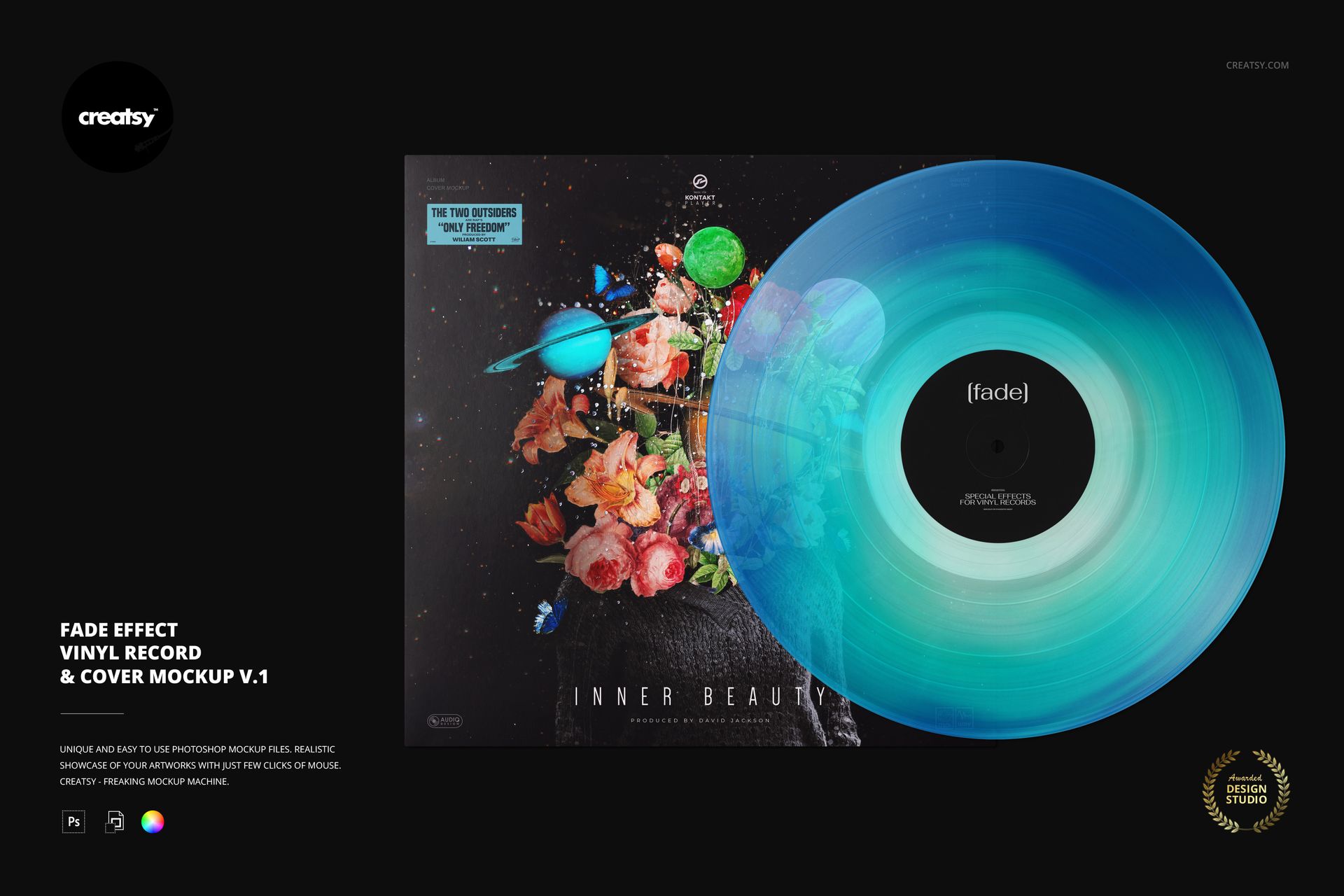 PSD mockup showing a translucent blue vinyl record overlapping a detailed music album cover with botanical and cosmic elements.