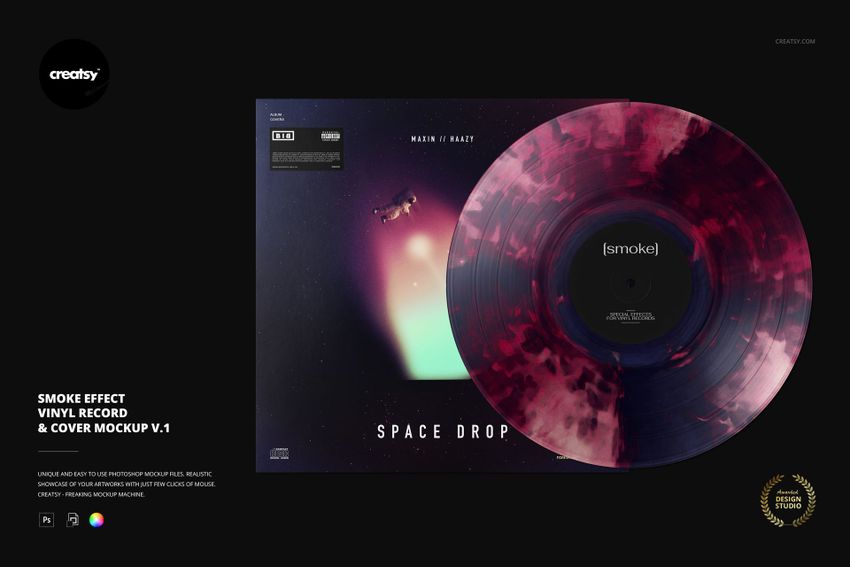 Vinyl record featuring a swirling smoke pattern in dark purple hues, displayed alongside its illustrated cover in a mockup scene.