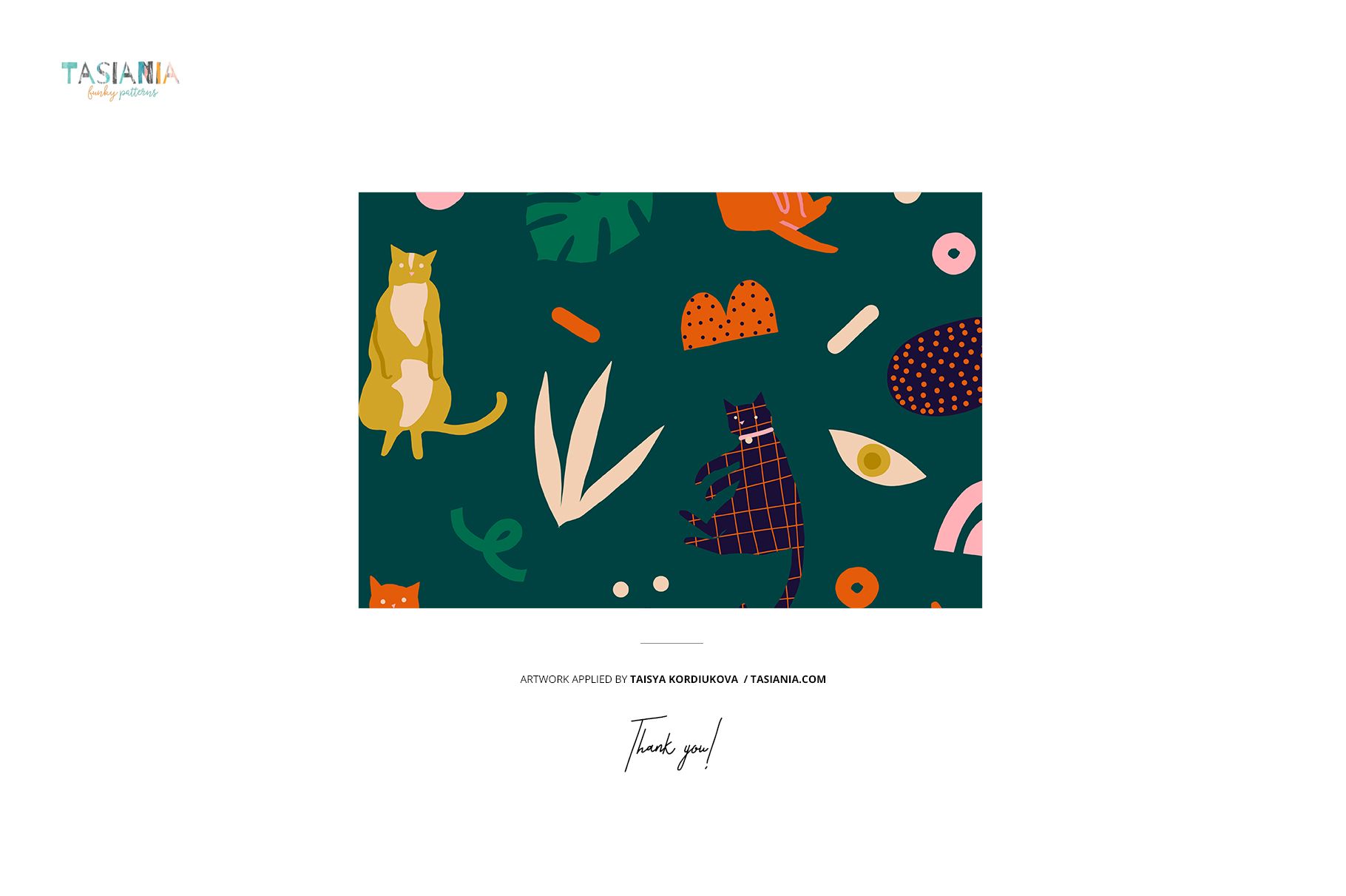 Rectangular pet bandana mockup featuring playful cat illustrations, abstract shapes, and green background, front view.