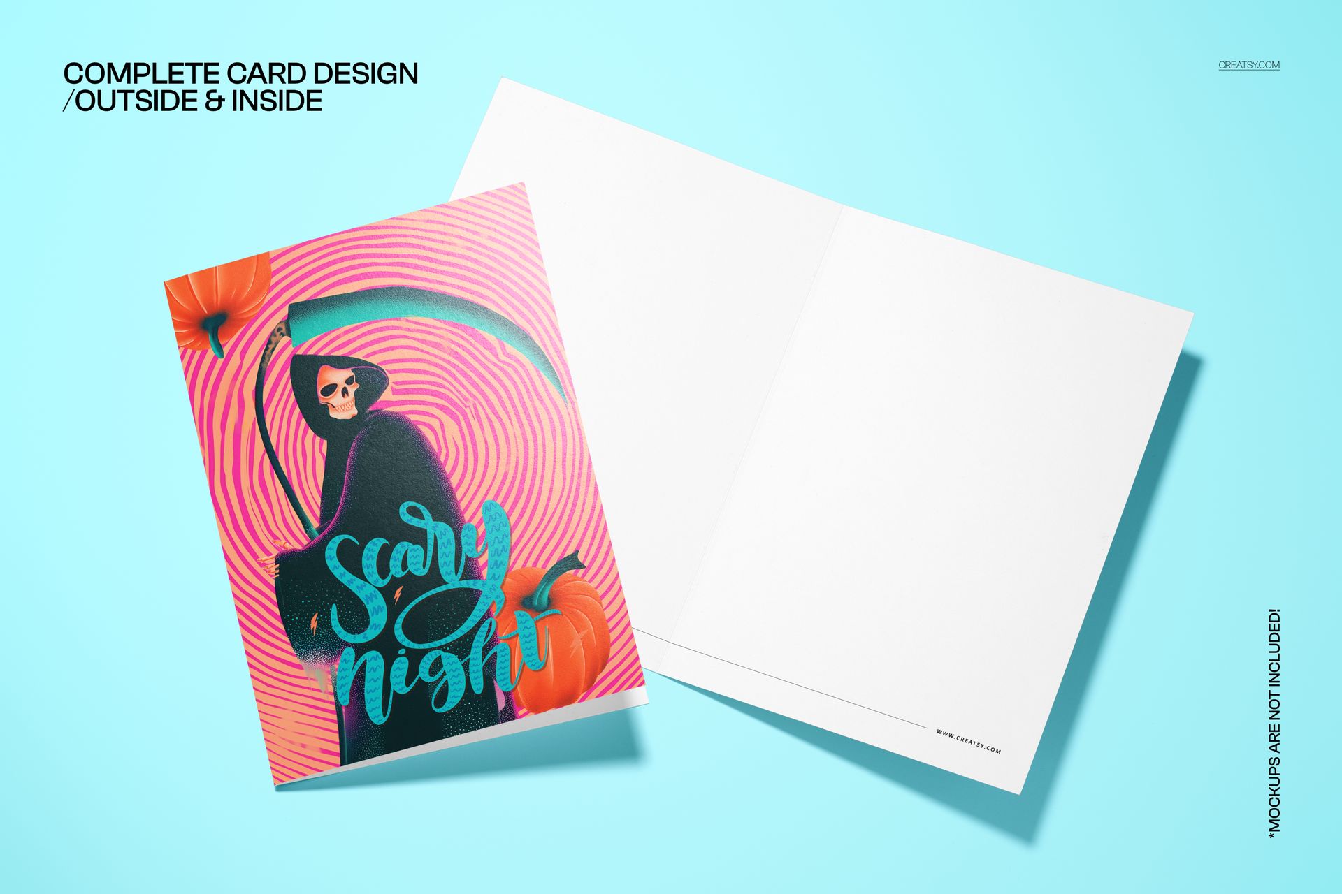 Folded 5x7 card mockup with a scary grim reaper design, pumpkin accents, and blank white interior on a blue background.