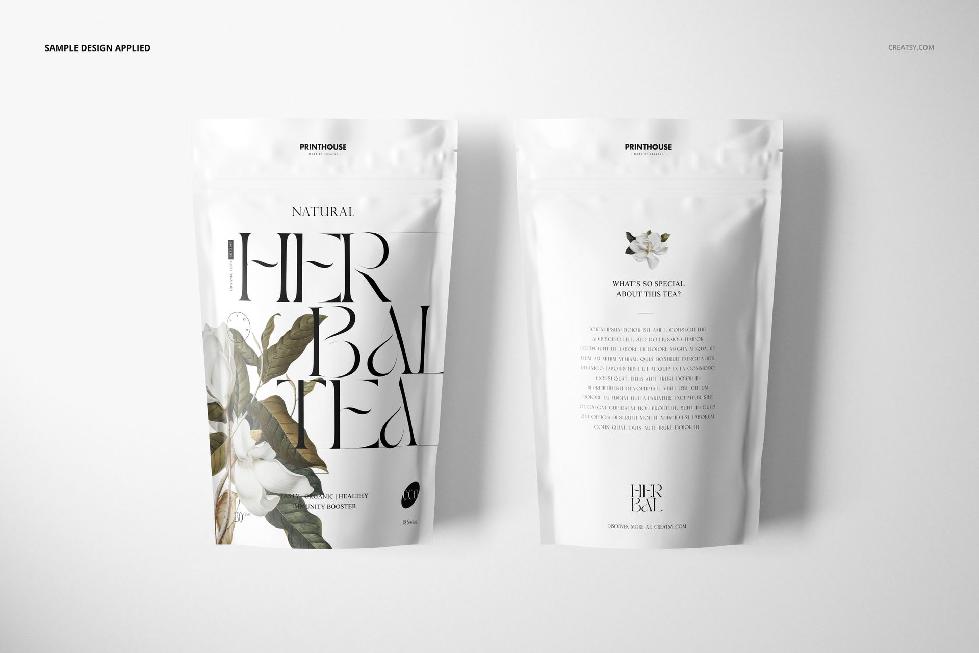 PSD mockup showing packaging bags with elegant botanical patterns and minimalist design, front and back perspective.